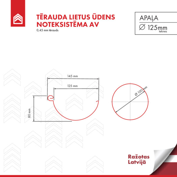 Tērauda lietus ūdens noteksistēma AV, APAĻA, D125 mm - Image 3